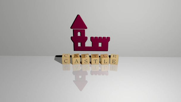 3D representation of castle with icon on the wall and text arranged by metallic cubic letters on a mirror floor for concept meaning and slideshow presentation. architecture and building - Photo, Image