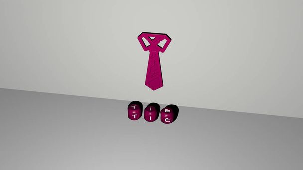 Representación 3D de la corbata con icono en la pared y texto dispuesto por letras cúbicas metálicas en un piso de espejo para el significado del concepto y presentación de diapositivas. fondo e ilustración
 - Foto, Imagen