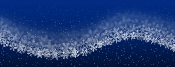 Fondo navideño de copos de nieve de diferente forma, desenfoque y transparencia, en forma de ola, sobre fondo azul
 - Vector, imagen