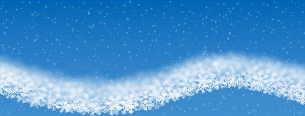 Kerst achtergrond van sneeuwvlokken van verschillende vorm, vervaging en transparantie, golfvormig, op lichtblauwe achtergrond - Vector, afbeelding