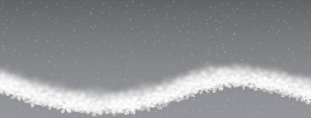 Χριστουγεννιάτικο φόντο νιφάδων χιονιού διαφορετικού σχήματος, θαμπάδας και διαφάνειας, κυματοειδούς σχήματος, σε γκρι φόντο - Διάνυσμα, εικόνα
