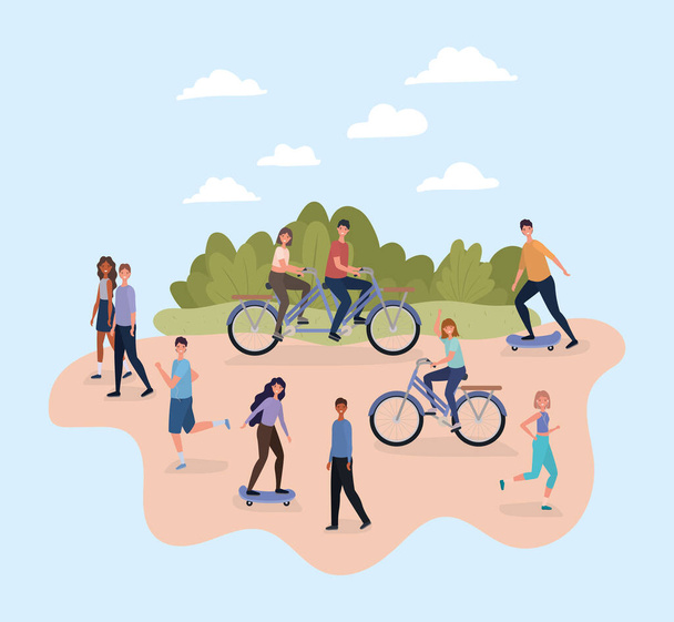 люди з велосипедами і скейтбордами в парку Векторний дизайн
 - Вектор, зображення