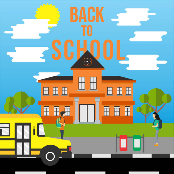 Ласкаво просимо назад до навчання, що складається зі шкільних будівель, автобусів шкільного транспорту та чоловічих та жіночих студентських персонажів
 - Вектор, зображення