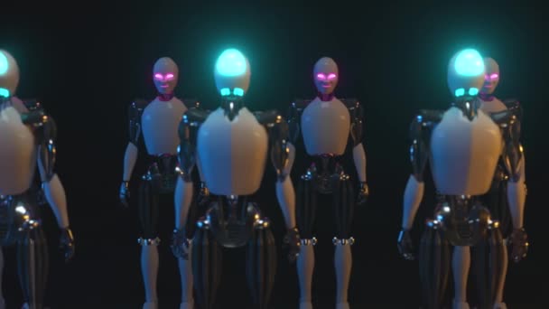 Nekonečná chodba robotů, kteří stáli proti sobě. Budoucí technologie a koncepce umělé inteligence Modrá a růžová neonová záře. Bezešvé smyčka 3d vykreslení - Záběry, video