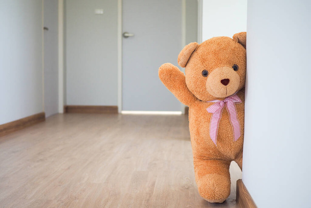 Teddy bear with brown hair behind open door. Background for kids play Teddy bear - Foto, Imagem