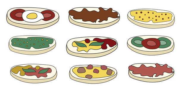 Doodle cartoon hipster style vector illustration. A set of bruschetta tapas canape appetizers with vegetables, sauce, salmon. Bar restaurant menu ads, card, farmers market food decor, website design - Vector, Image