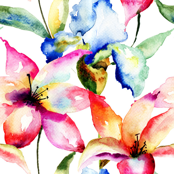 Seamless wallpaper with Lily and Iris flowers - Φωτογραφία, εικόνα
