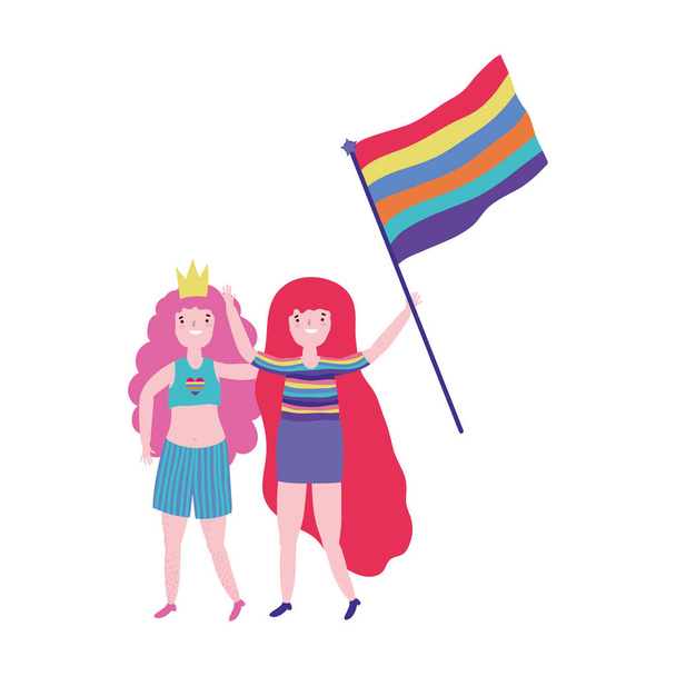 Stolz Parade lgbt Gemeinschaft, junge Frauen mit Kleidung und Fahne mit Regenbogen - Vektor, Bild