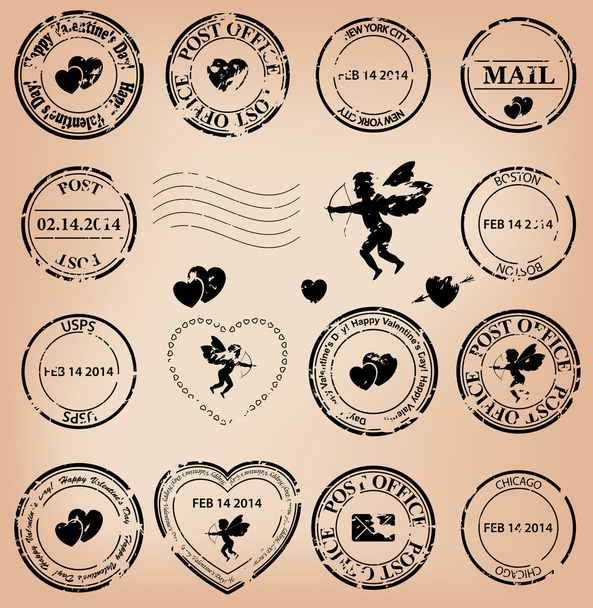 Vector set - romantic grungy post stamps with angels and hearts - Vector, Image