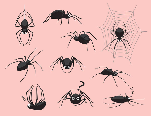 Spider Black Poses Cute Cartoon Vector Illustration - Vetor, Imagem