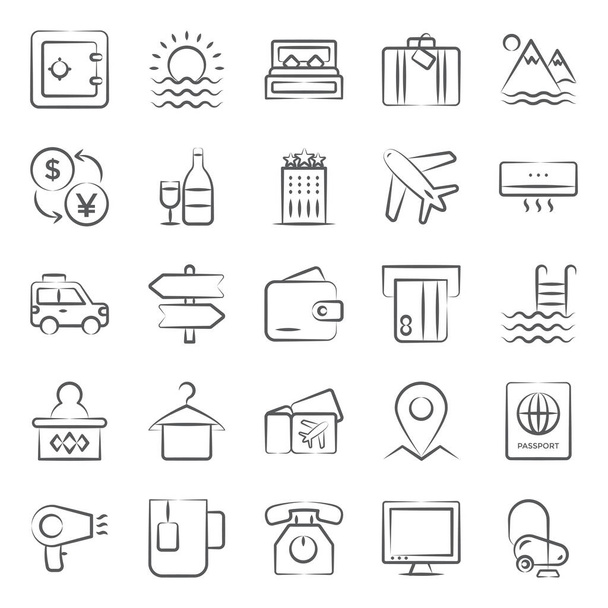 Get these travel and hotels line icons encompassing a variety of editable vectors which you can't miss to catch them. Hold it and use it accordingly to your projects. - Wektor, obraz