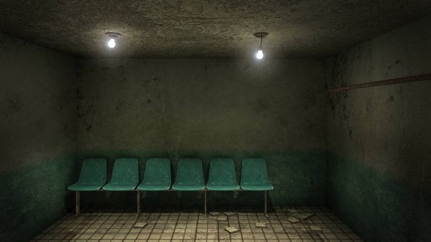 Horror y asiento espeluznante esperando en frente de la sala de examen en el hospital.
 - Foto, imagen