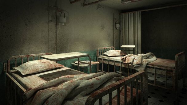 horror y sala de sala espeluznante en el hospital con la sangre .3D representación
 - Foto, Imagen