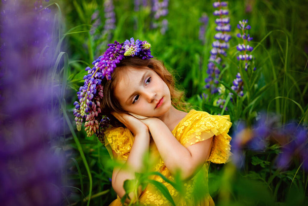 Image avec foyer sélectif. Par une journée ensoleillée d'été, une petite fille avec une couronne sur la tête et une robe jaune sur un champ fleuri de lupins. - Photo, image