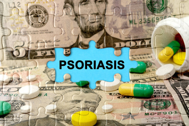 Double exposure. Puzzles depicting pills and dollars with the inscription -PSORIASIS. The concept of medicine. - Foto, Bild
