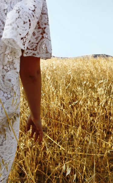 Девушка в белом ходит по ячменному полю и касается травы - Фото, изображение