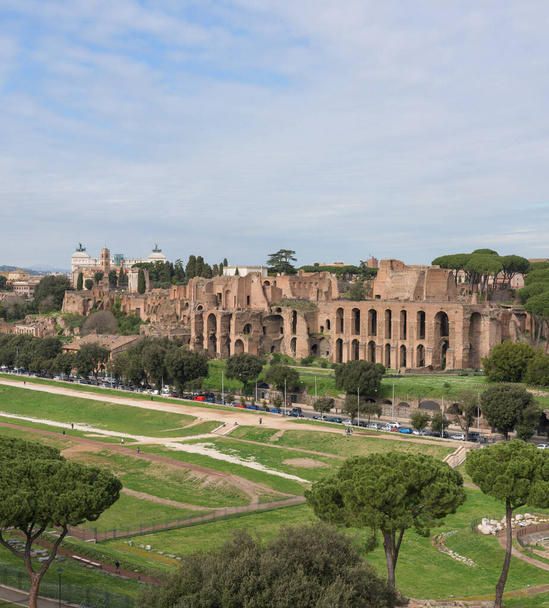 Veduta dell'antico teatro romano dell'ippodromo del Circo Massimo, con le rovine del palazzo di Domiziano sul colle Palatino, a Roma - Foto, immagini