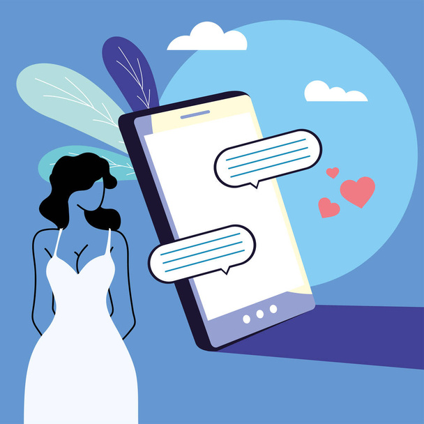 ζευγάρι στέλνει ερωτικά μηνύματα μέσω κινητού τηλεφώνου - Διάνυσμα, εικόνα