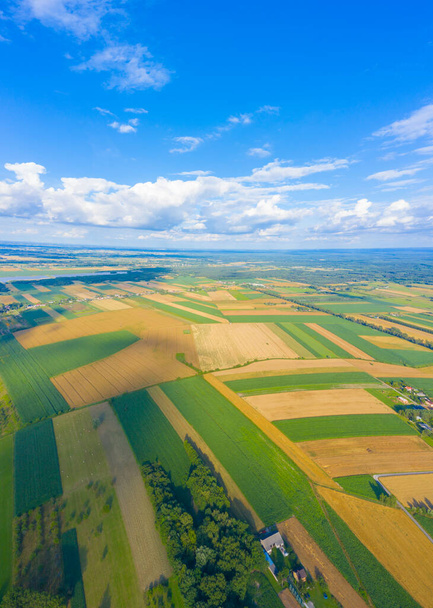 Panorámás légi kilátás idilli gördülő patchwork mezőgazdasági terület szép erdős határok, világít a meleg kora esti napsütés szívében a vidéki - Fotó, kép
