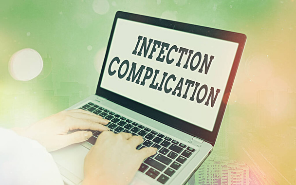 Word writing text Infection Complication. Business concept for unwanted reaction resulted from an immunosuppression Modern gadgets with white display screen under colorful bokeh background. - Photo, Image