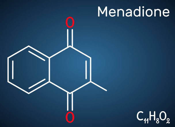 Menadione, menaphthone, provitamin molecule. It is called vitamin K3.  Structural chemical formula on the dark blue background. Vector illustration - Vettoriali, immagini