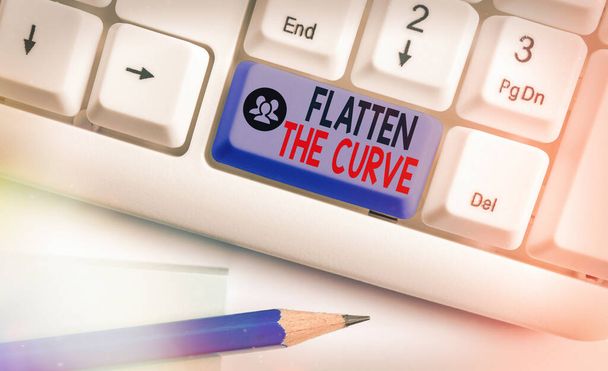 Sana kirjoittaa tekstiä Flatten The Curve. Liiketoimintakonsepti tietoisuuden lisäämiseksi tartuntataudin nopeuden hidastamisesta Valkoinen tietokoneen näppäimistö tyhjällä muistilappulla valkoisen avaimenperän yläpuolella. - Valokuva, kuva