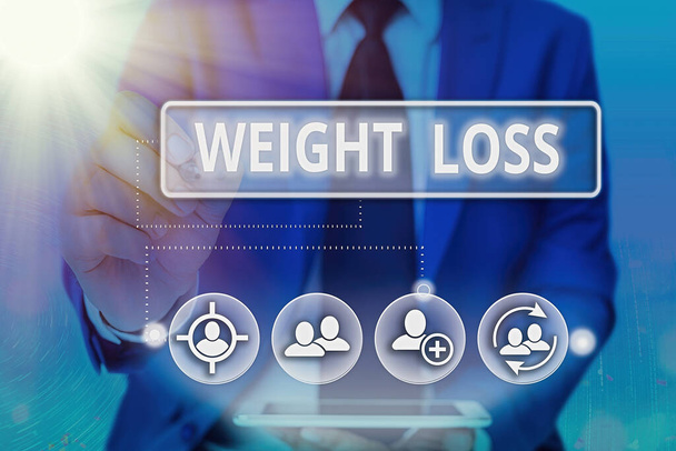 Writing note showing Weight Loss. Business photo showcasing a reduction of the total body mass due to a mean loss of fluid Information digital technology network infographic elements. - Photo, Image