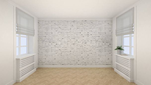 Empty white room interior modern style with windows and wooden floor. 3d Render - Photo, Image