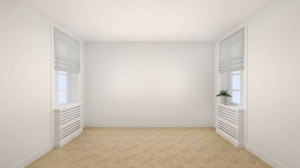 Camera bianca vuota interni in stile moderno con finestre e pavimento in legno. Render 3d - Foto, immagini
