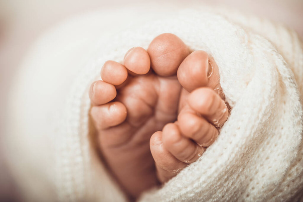 Крошечная нога новорожденного ребенка. Мягкие ножки новорожденного против розового одеяла. Маленькие девчачьи ножки с свернутыми пальцами ног. Крупный план. - Фото, изображение