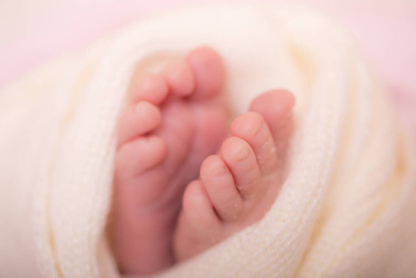 Νεογνά πόδια μωρού σε απαλή κουβέρτα. Κοντινό πλάνο νεογέννητων ποδιών μωρού. Πρότυπο για το μωρό βιβλίο ή το μωρό άλμπουμ φωτογραφιών. Κλείσιμο εικόνας. - Φωτογραφία, εικόνα