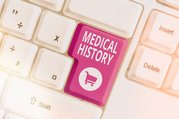 Text sign showing Medical History. Conceptual photo record of past medical problems and treatments of an individual Different colored keyboard key with accessories arranged on empty copy space. - Photo, Image