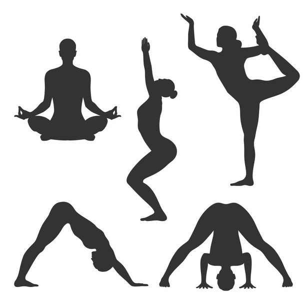 Conjunto de postes de iconos gráficos de yoga. Siluetas de mujer en diferentes posturas de yoga. Signos aislados sobre fondo blanco. Ilustración vectorial - Vector, imagen