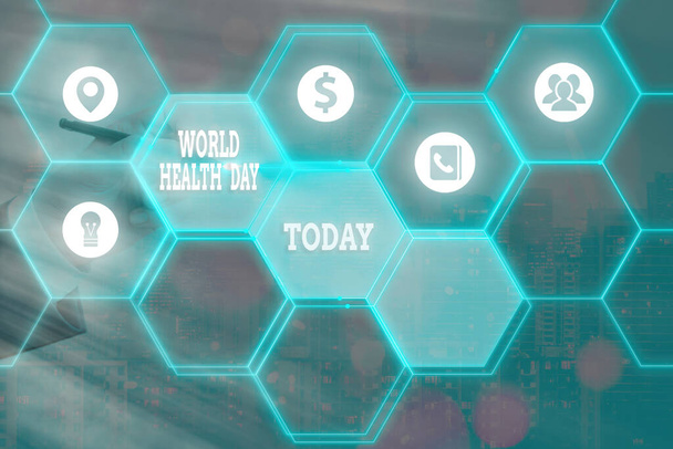 Psát text o Světovém dni zdraví. Koncepce znamená globální den povědomí o zdraví slaví každý rok 7. dubna Grids a různé nastavení ikon nejnovější digitální technologie koncept. - Fotografie, Obrázek