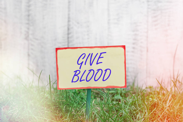 Γράμμα που δείχνει "Δώσε Αίμα". Επιχειρηματική φωτογραφία που δείχνει ένα άτομο εθελοντικά έχει το αίμα που λαμβάνονται και χρησιμοποιούνται για τις μεταγγίσεις Απλό χαρτί που συνδέονται με να κολλήσει και τοποθετούνται στην χλοώδη γη. - Φωτογραφία, εικόνα