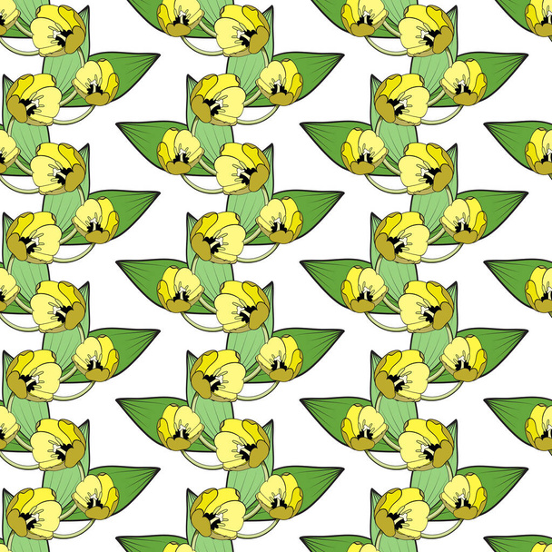 Seamless floral print of yellow tulips with green leaves, vertical borders from bouquets, white background. Great for decorating fabrics, textiles, gift wrapping, printed materials, advertising. - Wektor, obraz