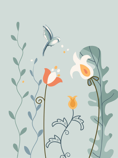 Vertical arrangement flowers and bird in Scandinavian style on white background. - Vektör, Görsel