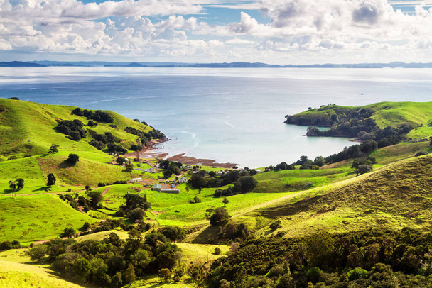 ニュージーランド北部の島、コロマンデル半島の穏やかな青い空の下で緑の農場フィールドをローリング。牧草地の上にカラフルなパノラマ. - 写真・画像