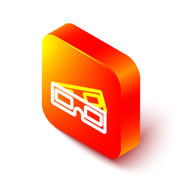Isométrique ligne 3D lunettes de cinéma icône isolée sur fond blanc. Bouton carré orange. Illustration vectorielle. - Vecteur, image