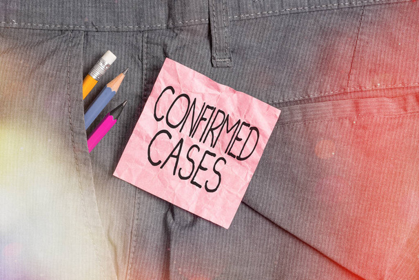 Text sign showing Confirmed Cases. Conceptual photo set of circumstances or conditions requiring action Writing equipment and pink note paper inside pocket of man work trousers. - Photo, Image