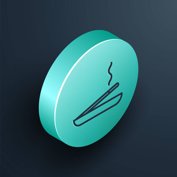 Isometric line Scented spa stick on a wooden stand icon isolated on black background. Incense stick. Cosmetic procedure aromatherapy. Turquoise circle button. Vector Illustration. - Вектор,изображение