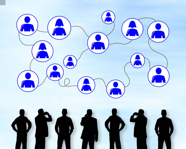 Silhouettes of men looking at a social network concept - Photo, Image