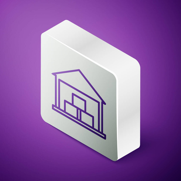 Isometric line Warehouse icon isolated on purple background. Silver square button. Vector Illustration. - Vector, Image