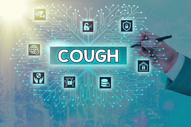 Writing note showing Cough. Business photo showcasing sudden expulsion of air throughout the passages to clear airways System administrator control, gear configuration settings tools concept. - Photo, Image