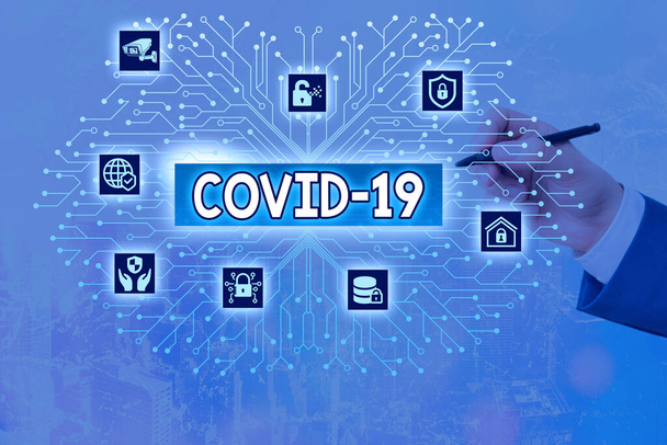 Covid19を示すメモを書く。コロナウイルスによる軽度から重度の呼吸器疾患を紹介するビジネス写真システム管理者制御、ギア設定ツールコンセプト. - 写真・画像