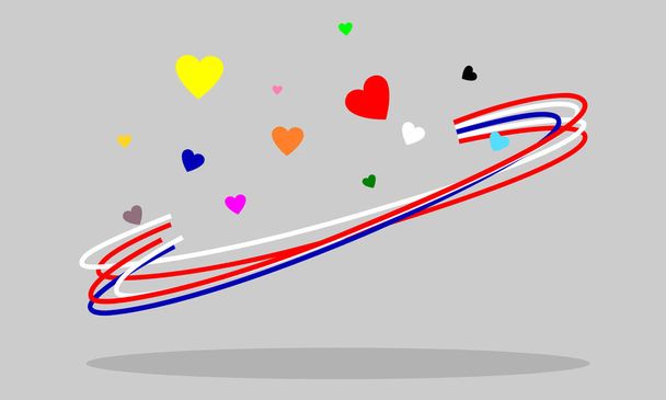 多くのカラフルな心は美しい曲線に浮かんでいます。赤、白、青の線がタイ国旗を象徴しています。多くの心と多くの色は様々な考えを表しています。別々だが別々じゃない.  - ベクター画像