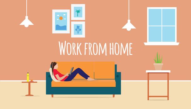Work from home showing lady sitting on sofa - Vector, Image