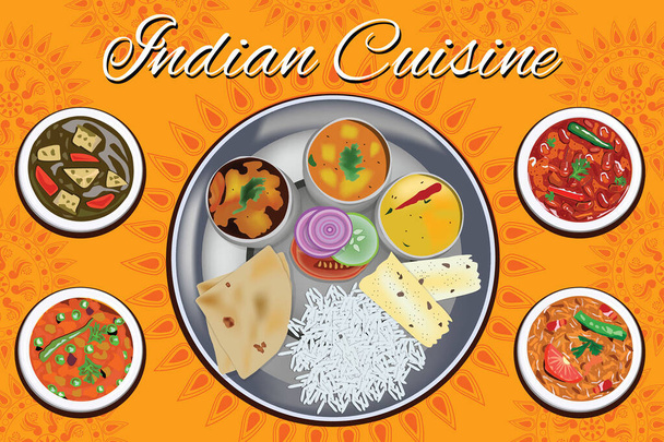 Індійська кухня - талі з вибором овочевих страв. - Вектор, зображення