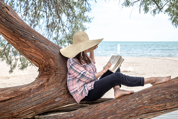 Ein glückliches Mädchen liest vor dem Hintergrund eines Meeresstrandes ein Buch auf einem Baum. Die Person abstrahierte von allem. Das Konzept der Entspannung und Ruhe. - Foto, Bild