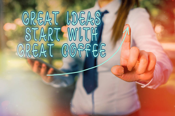 Käsitteellinen käsin kirjoittaminen osoittaa Great Ideat Aloita Great Coffee. Business Photo showcasing on kuuma juoma saada innoittamana Digital nuolenkärki käyrä osoittaa kasvun kehityksen käsite. - Valokuva, kuva